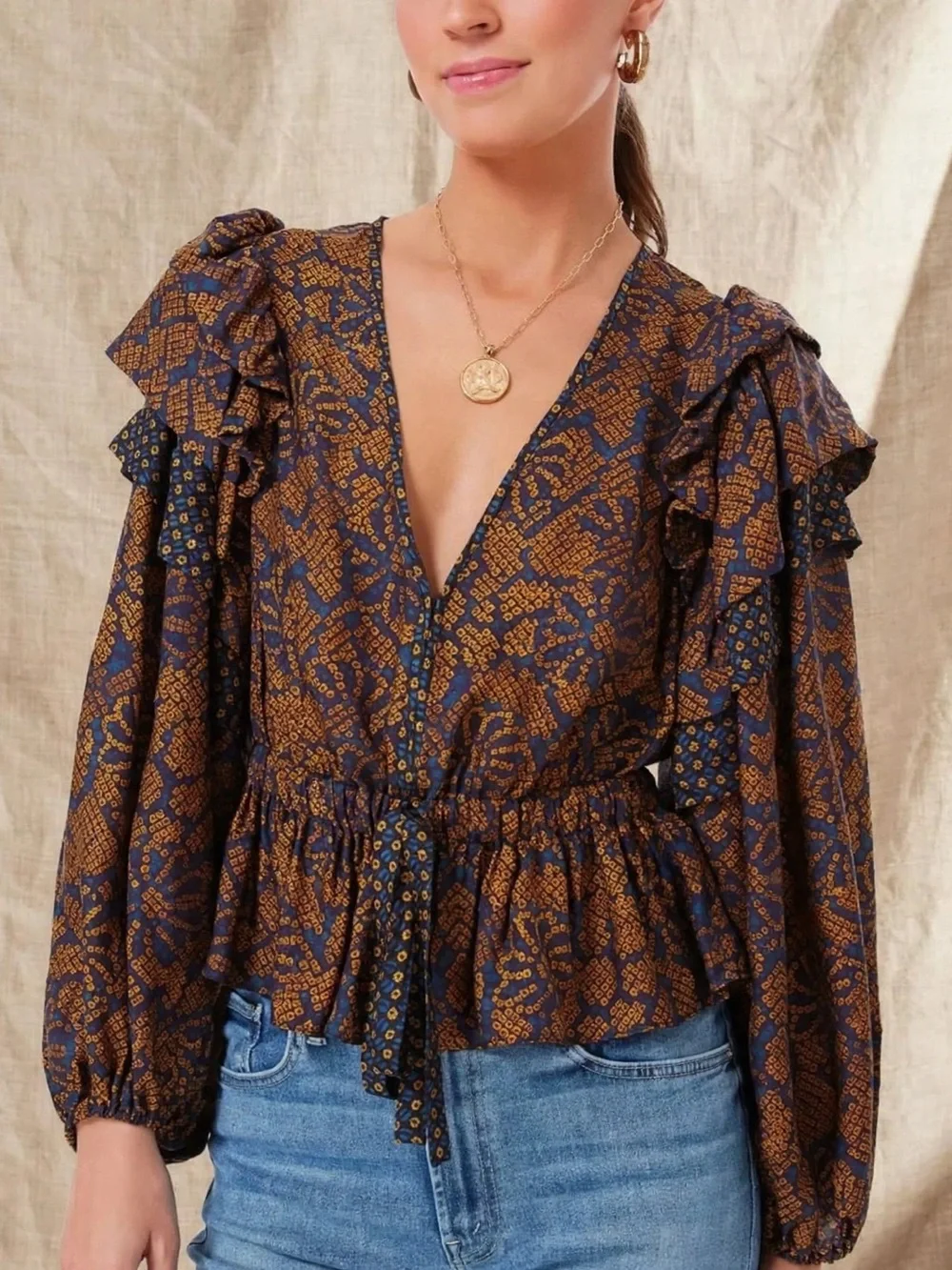 Ulla Johnson Indra Blouse Woven Puff-Sleeve Peplum Top in Navy Sz 12